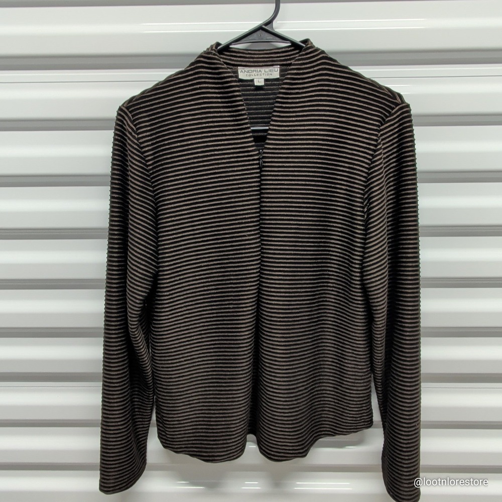 Andria Lieu Collection Top Womens Large Black Bronze Striped Zip Mock Neck L/S